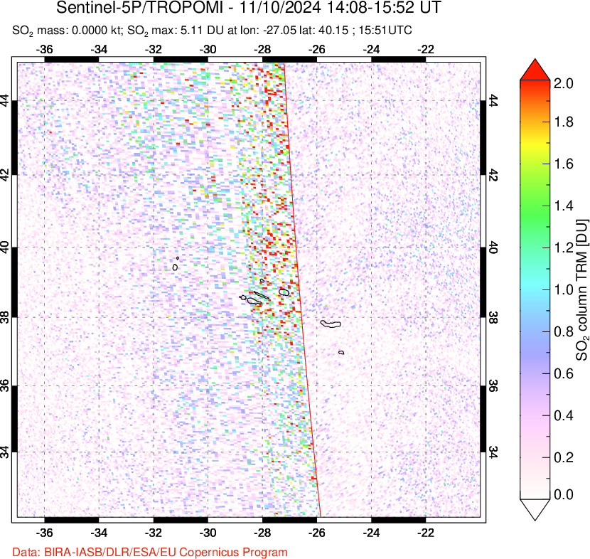 A sulfur dioxide image over Azore Islands, Portugal on Nov 10, 2024.