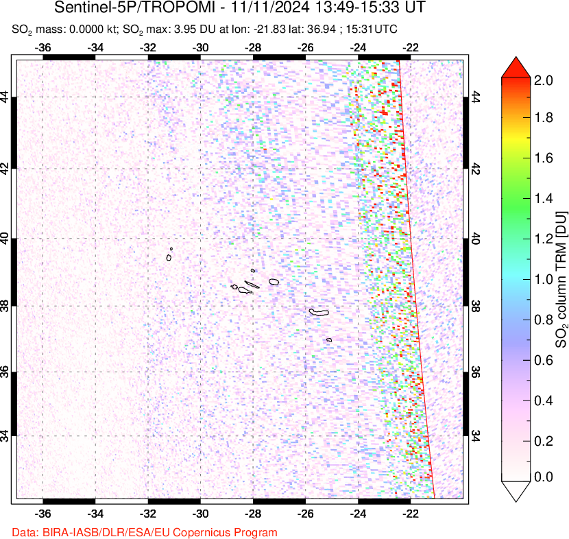 A sulfur dioxide image over Azore Islands, Portugal on Nov 11, 2024.