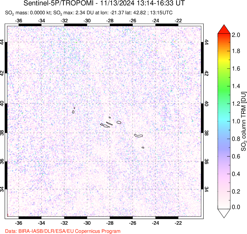 A sulfur dioxide image over Azore Islands, Portugal on Nov 13, 2024.