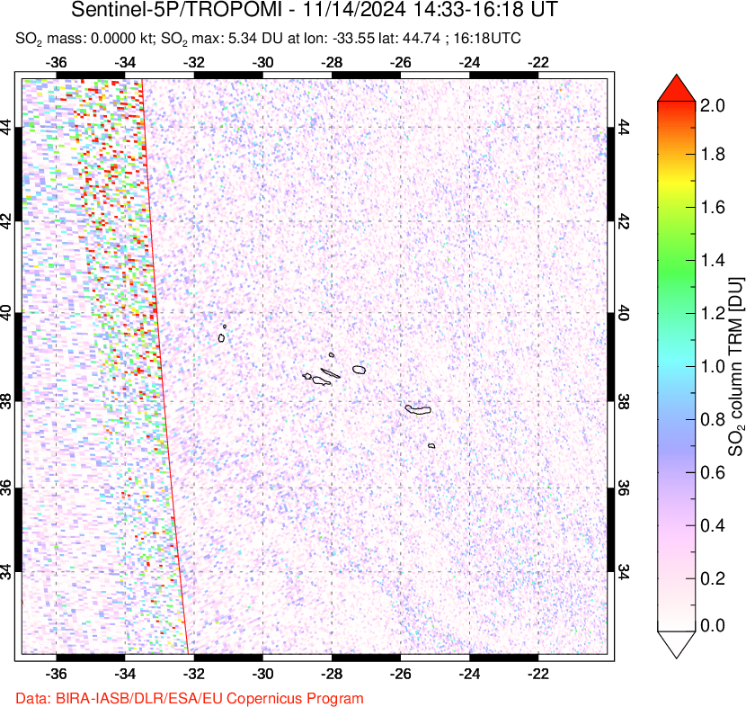 A sulfur dioxide image over Azore Islands, Portugal on Nov 14, 2024.