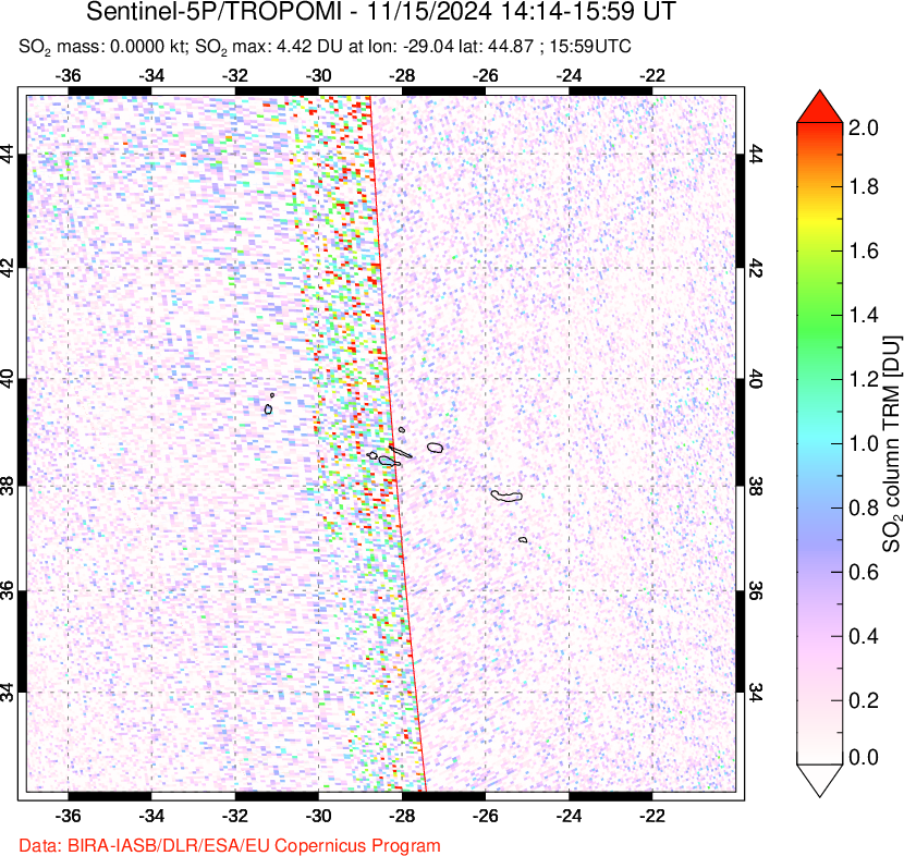 A sulfur dioxide image over Azore Islands, Portugal on Nov 15, 2024.