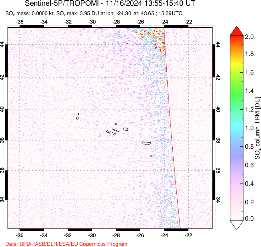 A sulfur dioxide image over Azore Islands, Portugal on Nov 16, 2024.