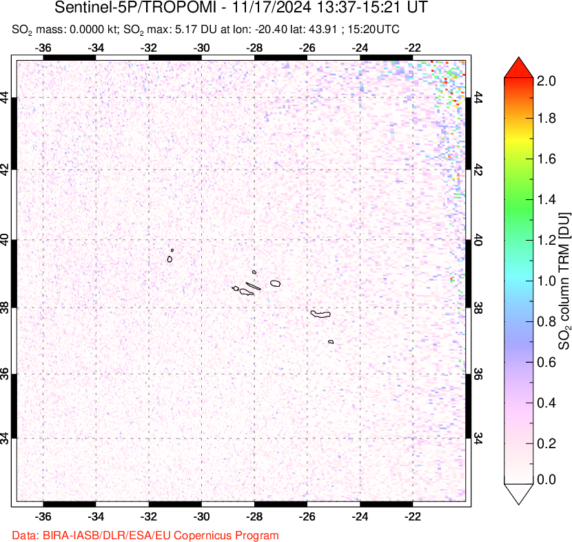 A sulfur dioxide image over Azore Islands, Portugal on Nov 17, 2024.