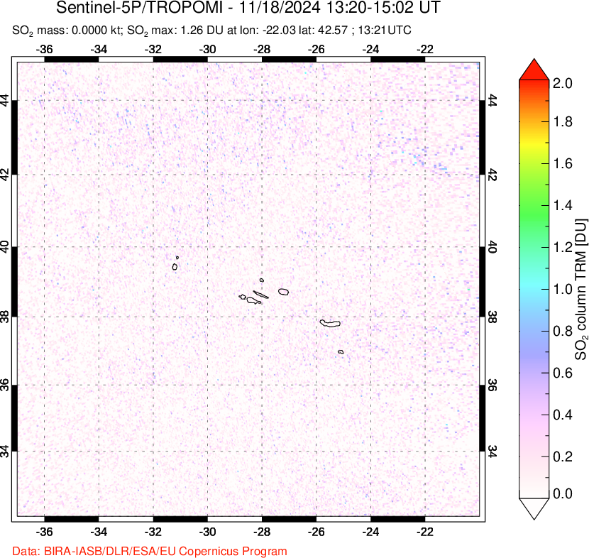 A sulfur dioxide image over Azore Islands, Portugal on Nov 18, 2024.