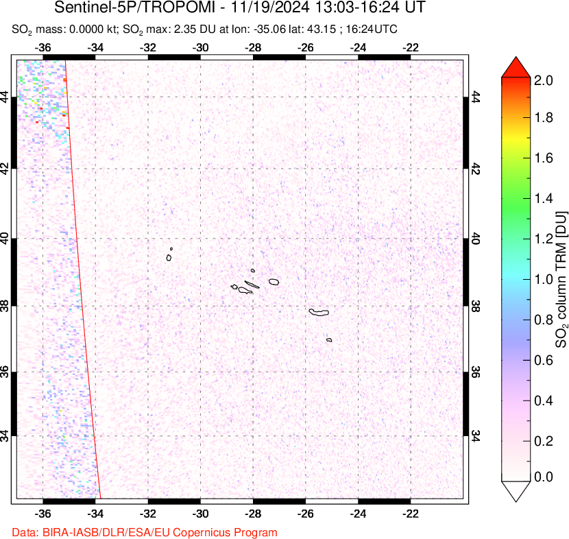 A sulfur dioxide image over Azore Islands, Portugal on Nov 19, 2024.