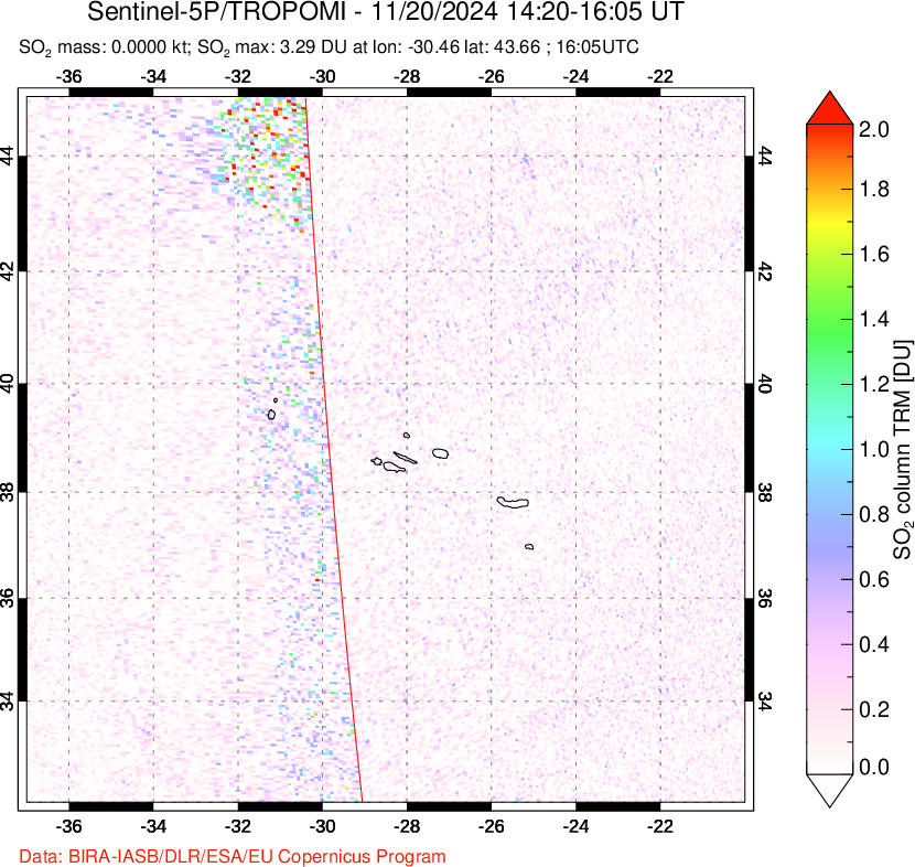 A sulfur dioxide image over Azore Islands, Portugal on Nov 20, 2024.