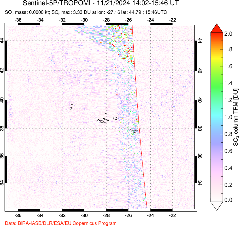 A sulfur dioxide image over Azore Islands, Portugal on Nov 21, 2024.