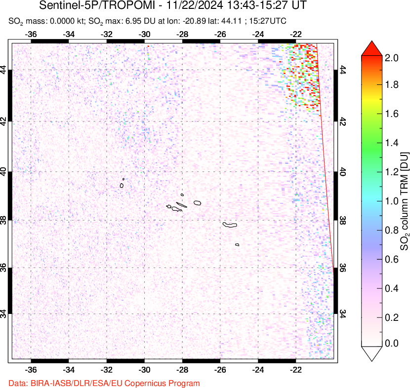 A sulfur dioxide image over Azore Islands, Portugal on Nov 22, 2024.