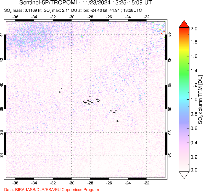 A sulfur dioxide image over Azore Islands, Portugal on Nov 23, 2024.