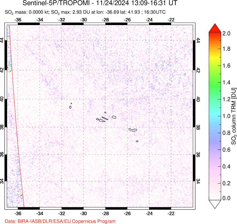 A sulfur dioxide image over Azore Islands, Portugal on Nov 24, 2024.