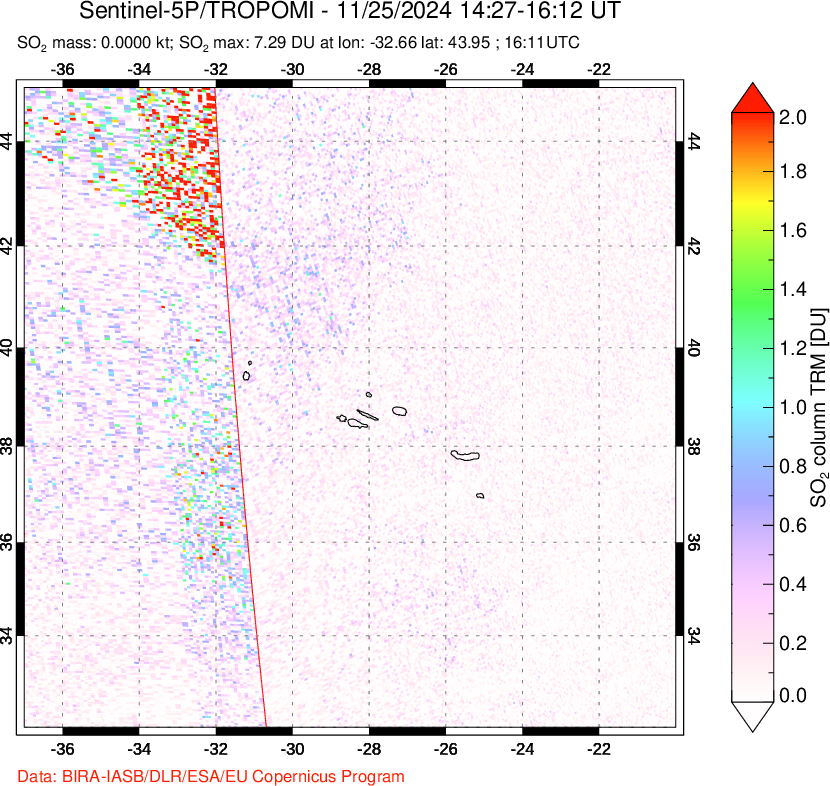 A sulfur dioxide image over Azore Islands, Portugal on Nov 25, 2024.