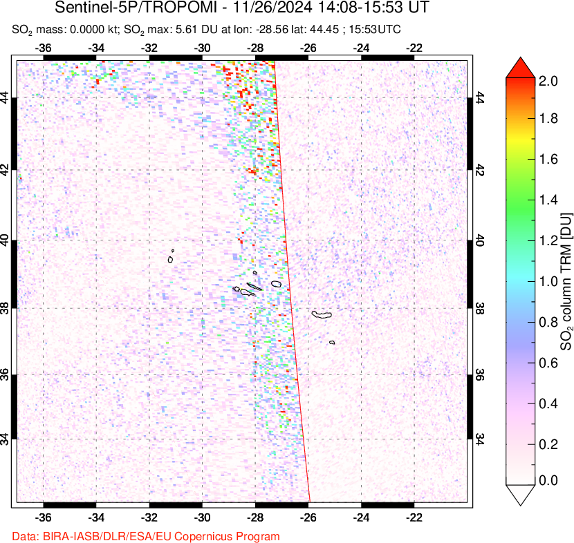 A sulfur dioxide image over Azore Islands, Portugal on Nov 26, 2024.