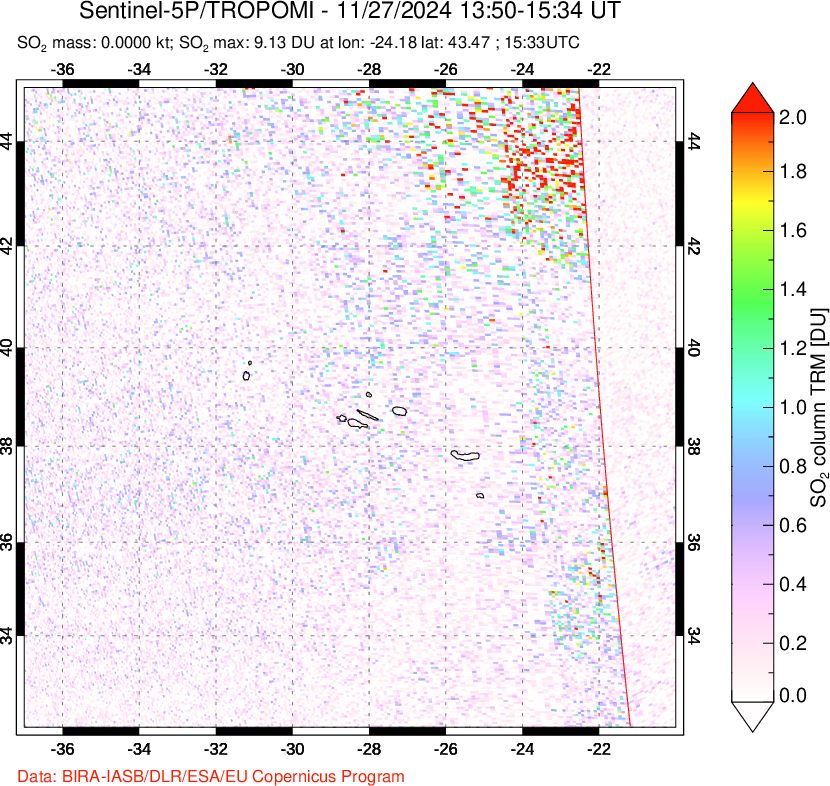 A sulfur dioxide image over Azore Islands, Portugal on Nov 27, 2024.