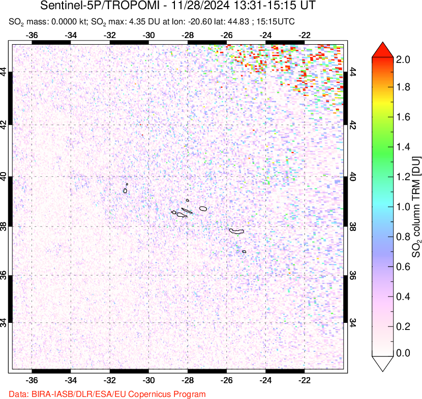 A sulfur dioxide image over Azore Islands, Portugal on Nov 28, 2024.