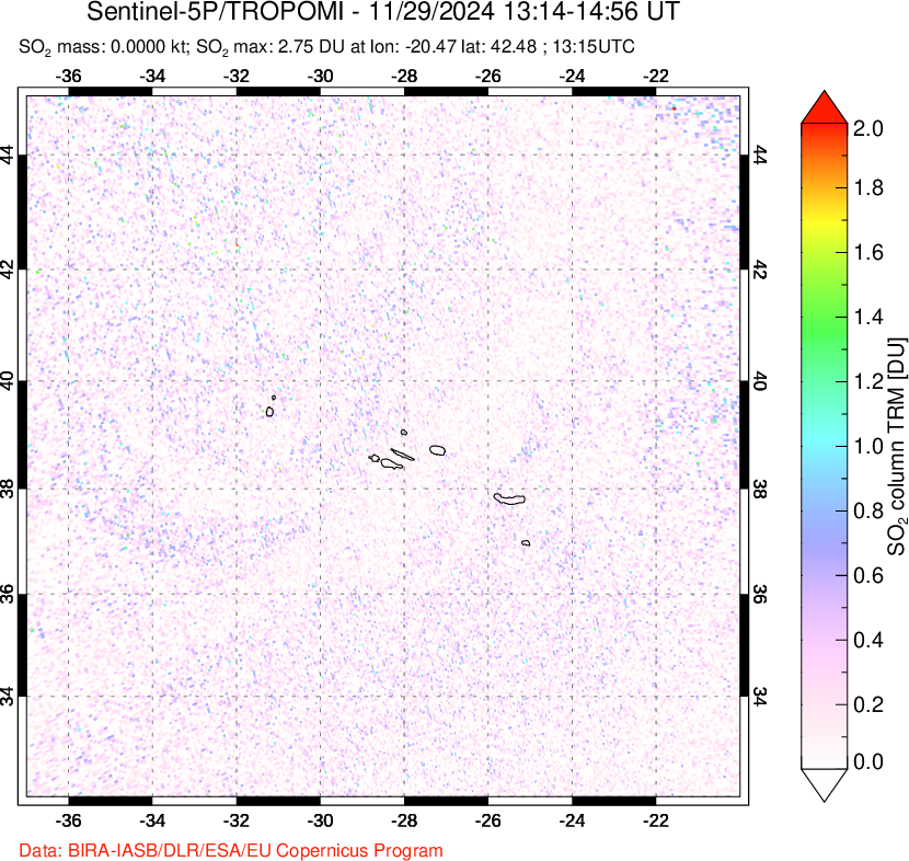 A sulfur dioxide image over Azore Islands, Portugal on Nov 29, 2024.