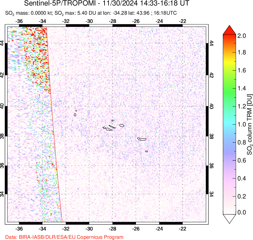 A sulfur dioxide image over Azore Islands, Portugal on Nov 30, 2024.