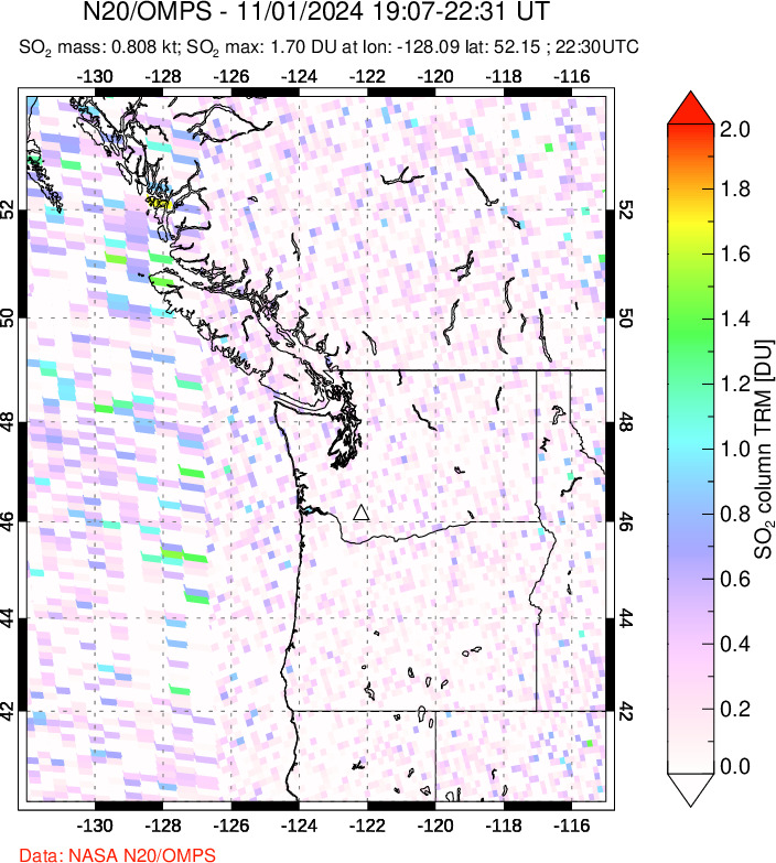 A sulfur dioxide image over Cascade Range, USA on Nov 01, 2024.