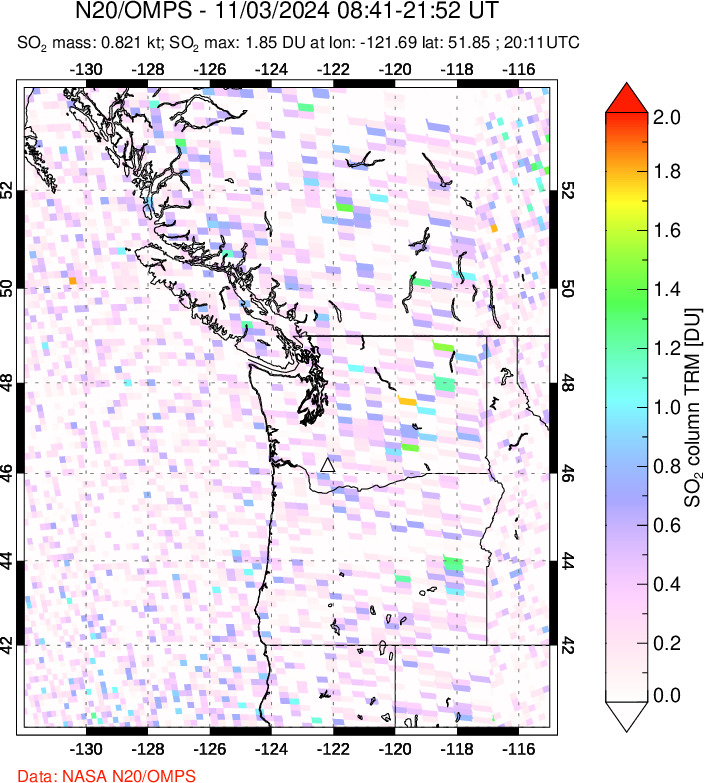 A sulfur dioxide image over Cascade Range, USA on Nov 03, 2024.