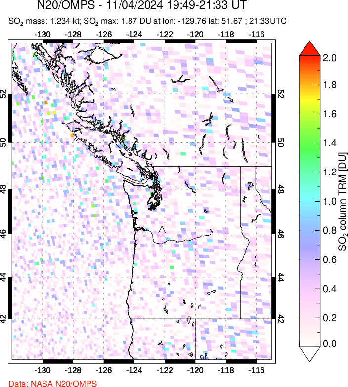 A sulfur dioxide image over Cascade Range, USA on Nov 04, 2024.