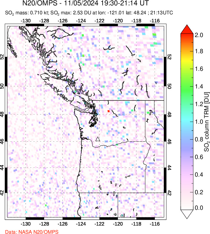 A sulfur dioxide image over Cascade Range, USA on Nov 05, 2024.