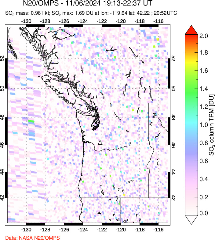 A sulfur dioxide image over Cascade Range, USA on Nov 06, 2024.