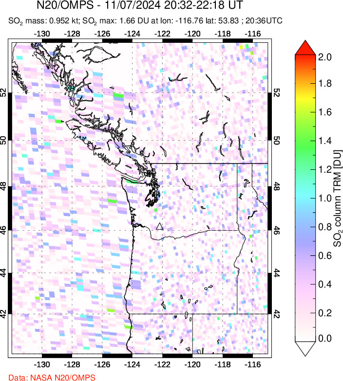 A sulfur dioxide image over Cascade Range, USA on Nov 07, 2024.