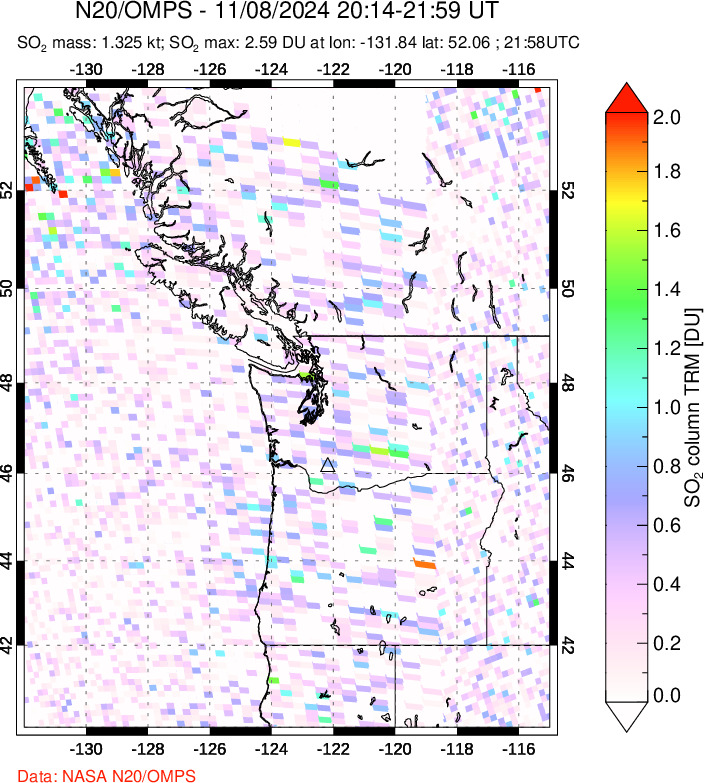 A sulfur dioxide image over Cascade Range, USA on Nov 08, 2024.