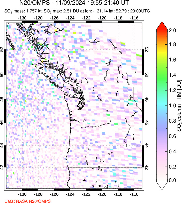 A sulfur dioxide image over Cascade Range, USA on Nov 09, 2024.