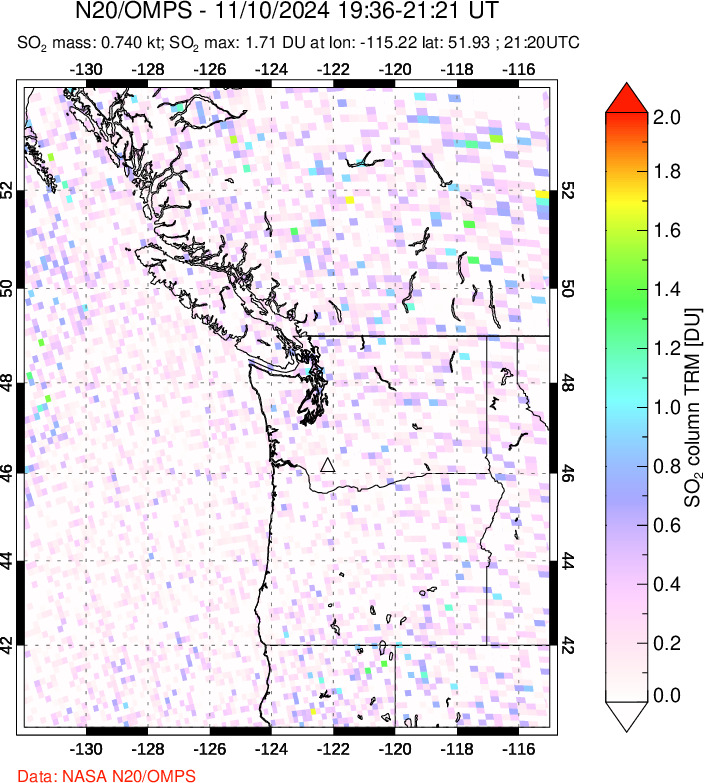 A sulfur dioxide image over Cascade Range, USA on Nov 10, 2024.