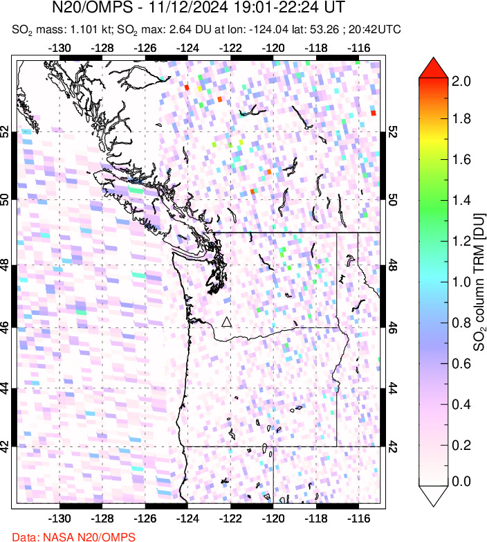 A sulfur dioxide image over Cascade Range, USA on Nov 12, 2024.