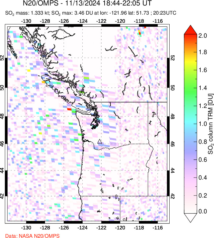 A sulfur dioxide image over Cascade Range, USA on Nov 13, 2024.