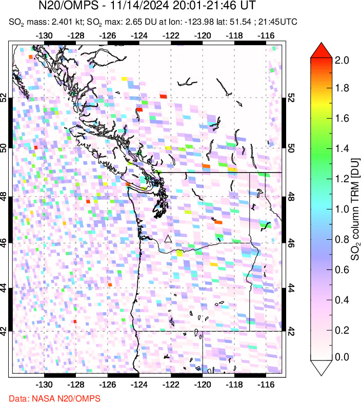 A sulfur dioxide image over Cascade Range, USA on Nov 14, 2024.