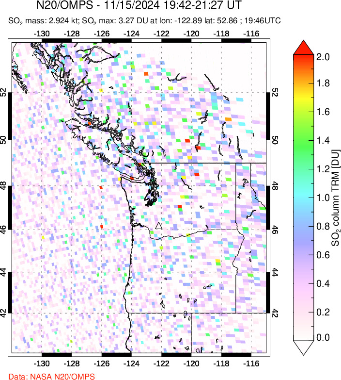 A sulfur dioxide image over Cascade Range, USA on Nov 15, 2024.