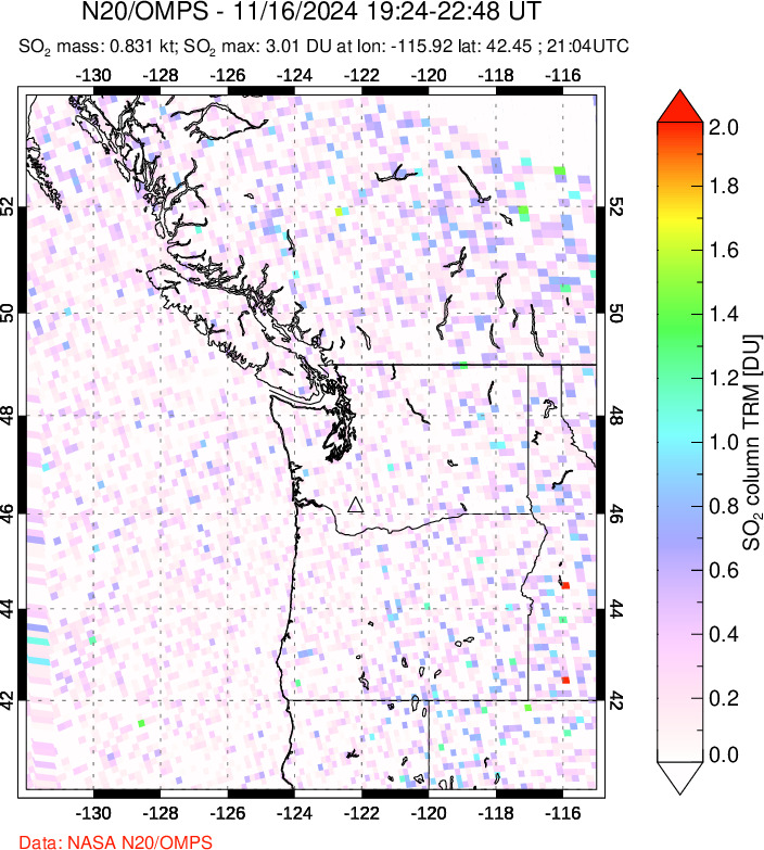 A sulfur dioxide image over Cascade Range, USA on Nov 16, 2024.