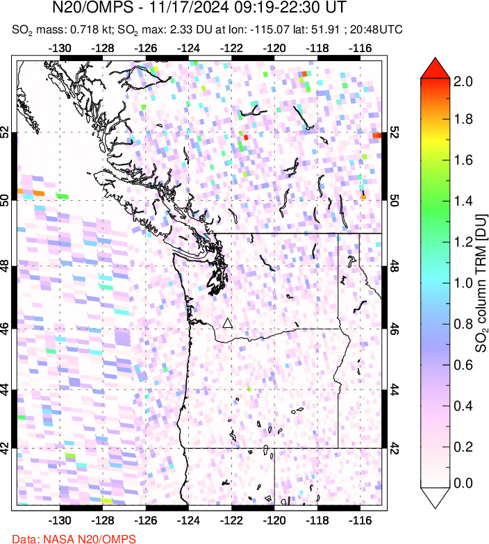 A sulfur dioxide image over Cascade Range, USA on Nov 17, 2024.