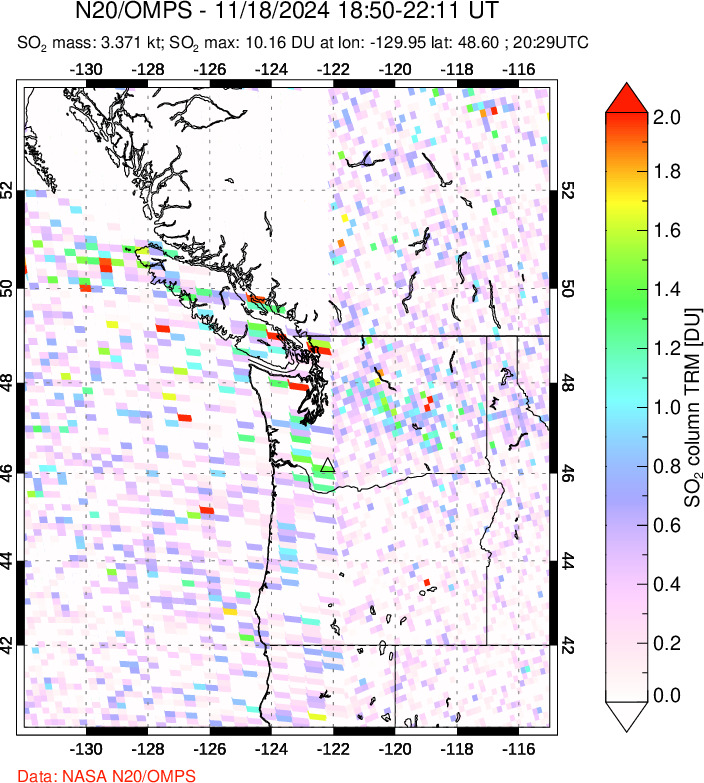 A sulfur dioxide image over Cascade Range, USA on Nov 18, 2024.