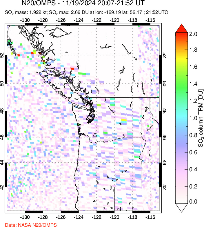 A sulfur dioxide image over Cascade Range, USA on Nov 19, 2024.
