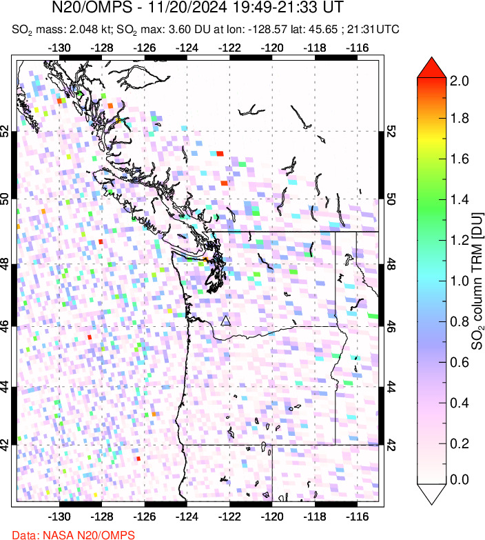 A sulfur dioxide image over Cascade Range, USA on Nov 20, 2024.