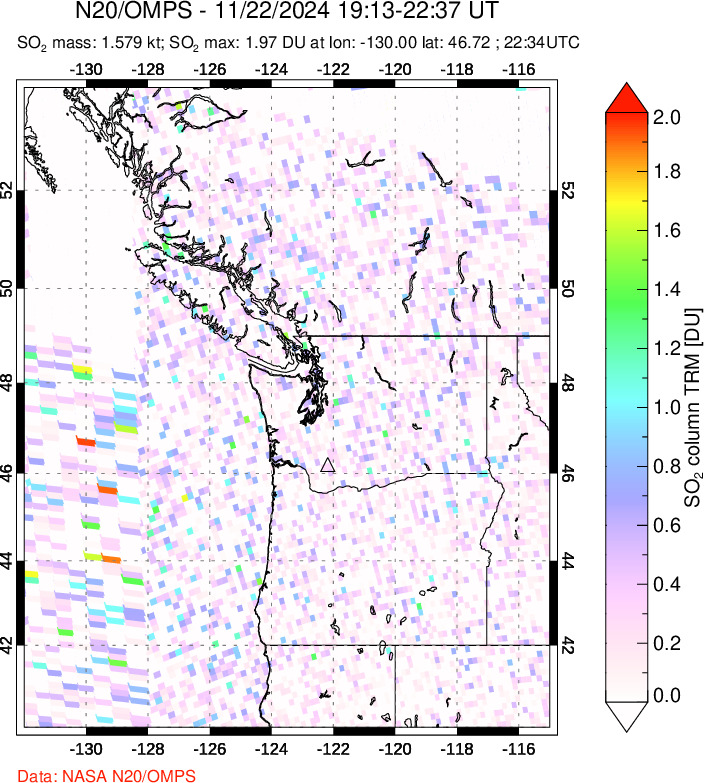 A sulfur dioxide image over Cascade Range, USA on Nov 22, 2024.