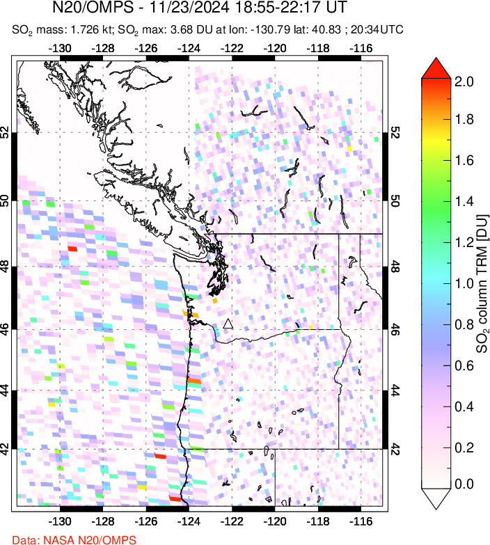 A sulfur dioxide image over Cascade Range, USA on Nov 23, 2024.