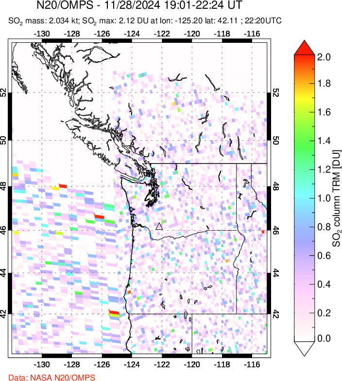 A sulfur dioxide image over Cascade Range, USA on Nov 28, 2024.