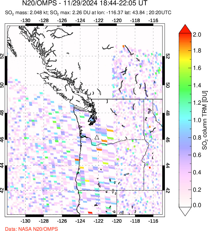 A sulfur dioxide image over Cascade Range, USA on Nov 29, 2024.