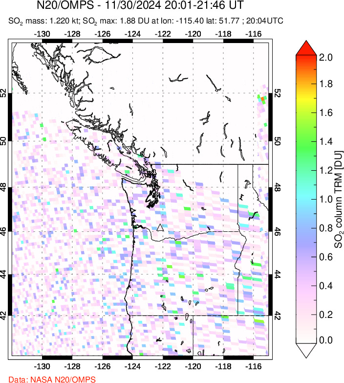 A sulfur dioxide image over Cascade Range, USA on Nov 30, 2024.