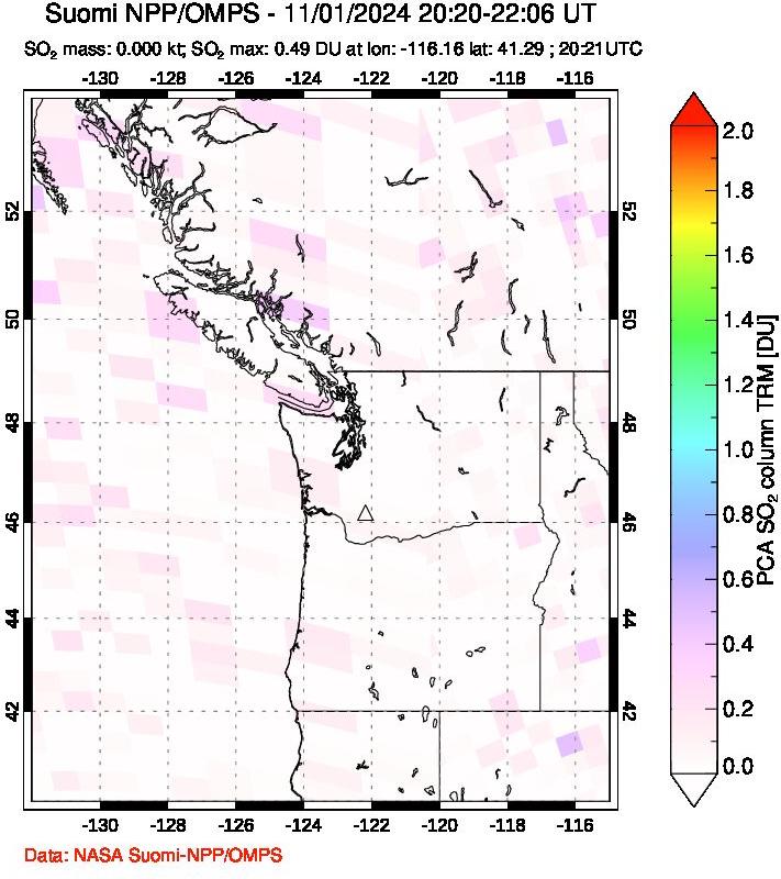 A sulfur dioxide image over Cascade Range, USA on Nov 01, 2024.