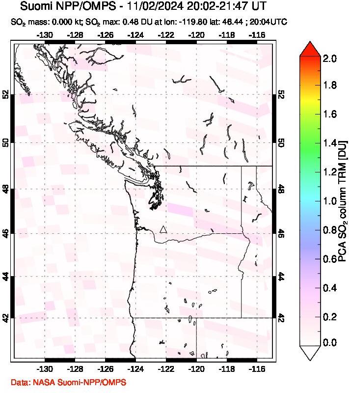 A sulfur dioxide image over Cascade Range, USA on Nov 02, 2024.