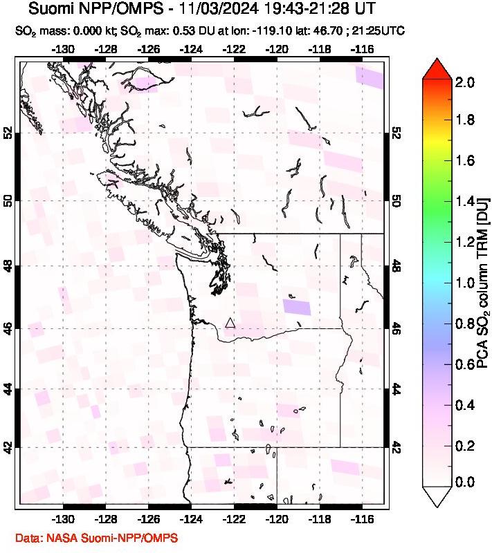 A sulfur dioxide image over Cascade Range, USA on Nov 03, 2024.