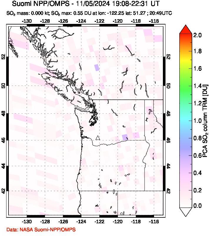 A sulfur dioxide image over Cascade Range, USA on Nov 05, 2024.