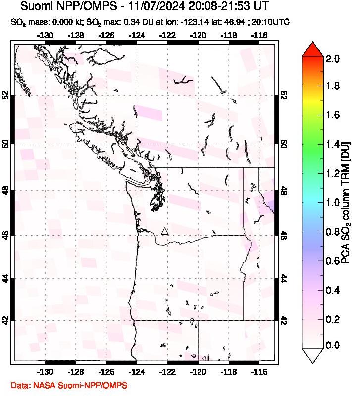 A sulfur dioxide image over Cascade Range, USA on Nov 07, 2024.