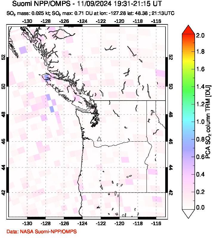 A sulfur dioxide image over Cascade Range, USA on Nov 09, 2024.