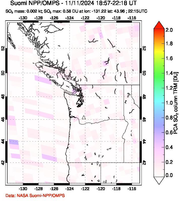 A sulfur dioxide image over Cascade Range, USA on Nov 11, 2024.